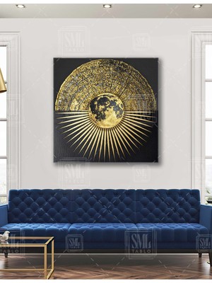 SML Tablo Merkezinde Ay ve Dünya Modern Lüks Altın Geometrik Soyut Dekoratif Kare Kanvas Tablo