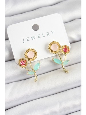 Pazarcan Pirinç Renkli Zirkon Taşlı Papatya Model Gold Renk Kadın Küpe