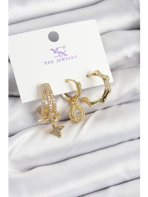 Pazarcan Pirinç Zi̇rkon Taşlı Sallantılı Yıldız Model Gold Renk 3'lü Kadın Küpe