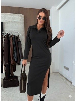Beruflic Kadın Uzun Kollu Yakalı Yandan Yırtmaçlı Midi Modal Elbise