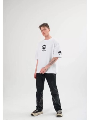 Beruflic Unisex Bisiklet Yaka Baskılı Oversize T-Shirt - Beyaz
