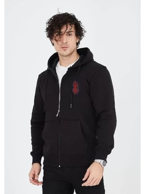 Beruflic Unisex Baskılı Tam Fermuarlı Kapşonlu Sweatshirt - Siyah