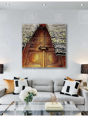 SML Tablo Mekke Kabe Kapısı Örtüsü Işık Islam Müslüman Dini Tasarım Kare Kanvas Tablo