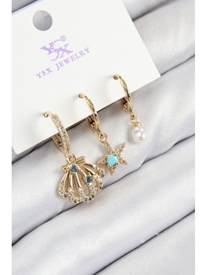 Pazarcan Pirinç Zirkon Taşlı 3'lü Istiridye ve Yıldız Model Gold Renk Kadın Küpe