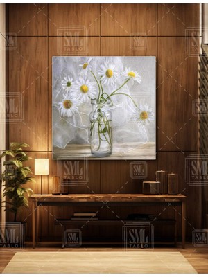 SML Tablo Cam Vazo Içinde Papatya Buketi Daisy Beyaz Çiçek Kare Kanvas Tablo