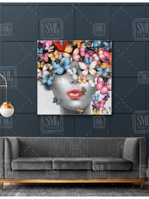 SML Tablo Kelebek Kafalı Kaın Kırmızı Dudak Renkli Kelebekler Kare Kanvas Tablo