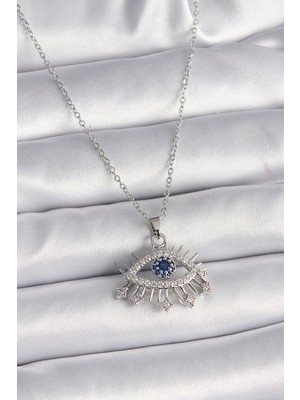 Pazarcan 316L Çelik Gümüş Renk Zincir Zirkon Taşlı Göz Model Kadın Kolye