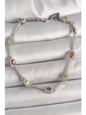Pazarcan Pirinç Gümüş Renk Renkli Zirkon Taşlı Damla Taş Model Kadın Bileklik