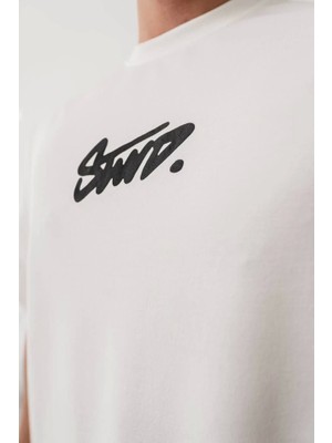 Beruflic Erkek Baskılı Oversize T-Shirt - Beyaz