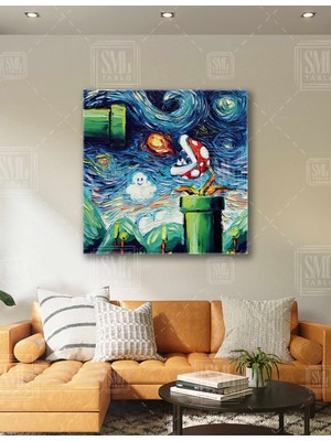 SML Tablo Süper Mario Van Gogh Tarzı Yeşil Borular Retro Oyun Ateş Atan Mantar Parodi Kare Kanvas Tablo
