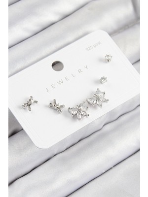 Pazarcan Pirinç Zirkon Taşlı Fiyonk Model Gümüş Renk 925 Ayar Gümüş Çivi Kadın Küpe Set