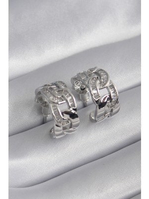 Pazarcan Pirinç Gümüş Renk Zirkon Taşlı Zincir Model Kadın Küpe