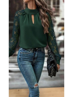 Beruflic Kadın Uzun Kollu Göğüs Pencere Detay Yaka Boğazlı Kolları Tüllü Sandy Bluz