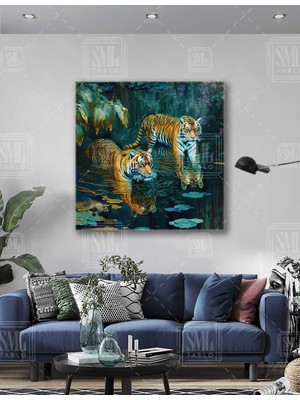 SML Tablo Suda Yürüyen Kaplanlar Göl Doğa Kaplan Kare Kanvas Tablo