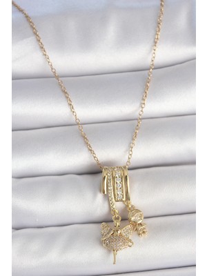 Pazarcan 316L Çelik Gold Renk Zirkon Taşlı Sallantı Melek Figür Charm Kadın Kolye