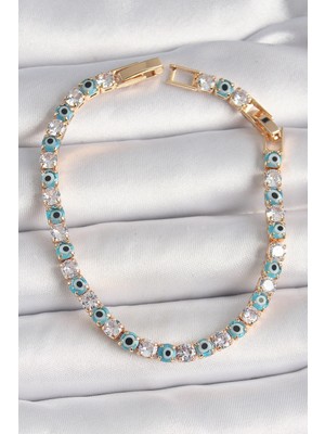 Ayder Timya Pirinç Gold Renk Su Yolu Zirkon Taşlı Nazar Boncuklu Kadın Bileklik (Timya/1395) 195659