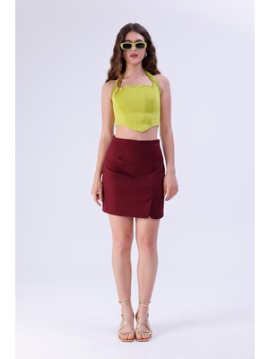 La Pante Gri Düz Kesim Yırtmaç Detaylı Mini Etek