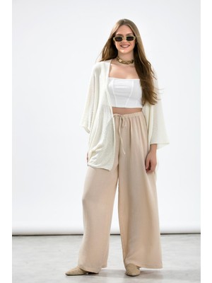 La Pante Kemer Lastikli ve Bağcıklı Geniş Paça Müslin Pantolon