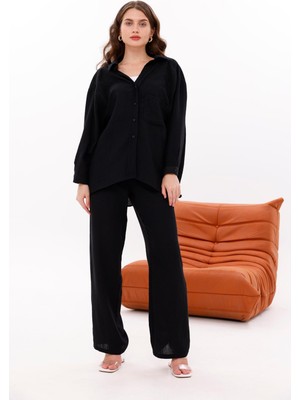 La Pante Beli Lastikli , Bağcıkl,ön Cepli Düşük Omuzlu Müslin Gömlek Pantolon Takım