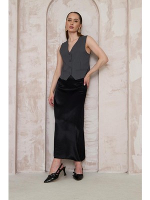 La Pante Uzun Boy Bordo Saten Etek