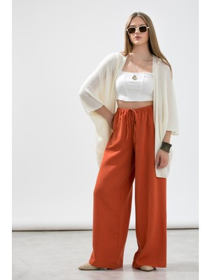 La Pante Kemer Lastikli ve Bağcıklı Geniş Paça Müslin Pantolon