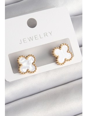 Ayder Timya 316L Çelik Gold Renk Beyaz Minelik Yonca Model Kadın Küpe (Timya/1395) 195660