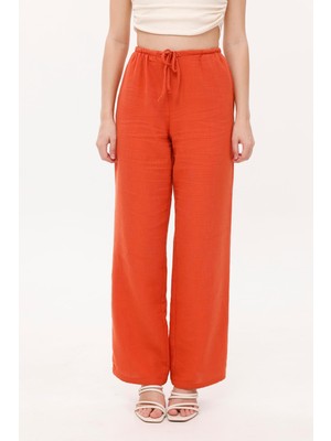 La Pante Beli Lastikli Bağcıklı Müslin Turuncu Pantolon