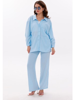 La Pante Beli Lastikli , Bağcıkl,ön Cepli Düşük Omuzlu Keten Görünümlü Gömlek Pantolon Takım