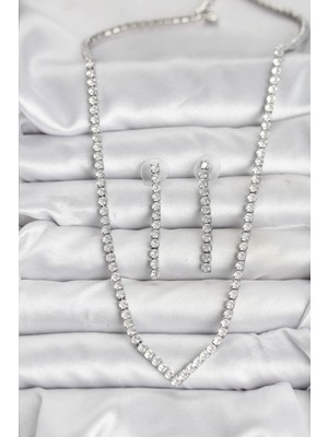 Ayder Timya Gümüş Renk Zirkon Taşlı Kadın Kolye Küpe Seti (Timya/1395) 195035