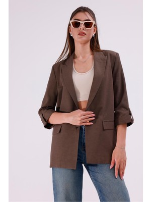 La Pante Kol Düğme Detaylı Kahverengi Blazer Ceket