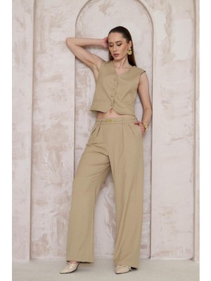 La Pante Gold Tokalı Palazzo Bej Kadın Pantolon