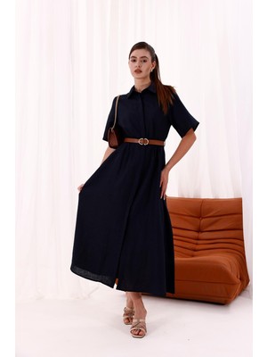 La Pante Önden Düğmeli Kemerli Gömlek Elbise