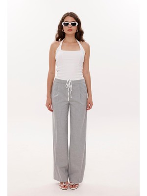 La Pante Kadın Kemer Garnili Bağcıklı Yancepli Pantolon Gri Rahat Kalıp Dokuma Kumaş
