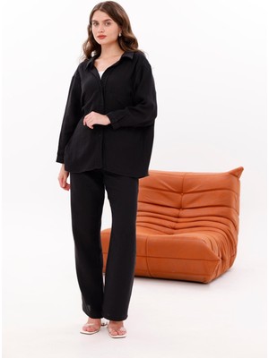 La Pante Beli Lastikli , Bağcıkl,ön Cepli Düşük Omuzlu Keten Görünümlü Gömlek Pantolon Takım