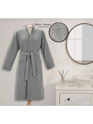 Layvera Erkek-Kadın Bornoz Gri %100 Pamuk Bornoz | Greek Desen-Krem-Cepli