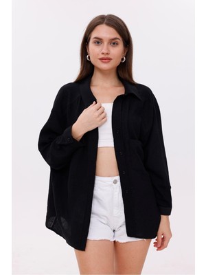 La Pante Önden Cepli Düşük Omuz Siyah Gömlek