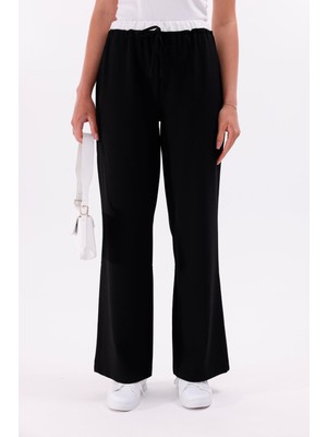 La Pante Kadın Pantolon Bol Paça Kemer Beli Lastikli Ve Garnili Bağcıklı Pantolon Siyah Normal Bel