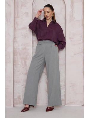 La Pante Normal Bel Dokuma Kapaklı Kadın Bordo Pantolon