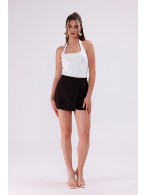 La Pante Şort Etek Kadın Şortlu Etek Mini Etek Siyah Yandan Fermuarlı Kumaş Normal Bel Arkası Şort Görünümlü