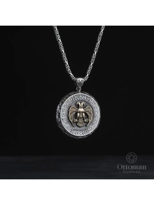 Design Ottoman Kuyumculuk Çift Başlı Kartal Gümüş Madalyon Kolye