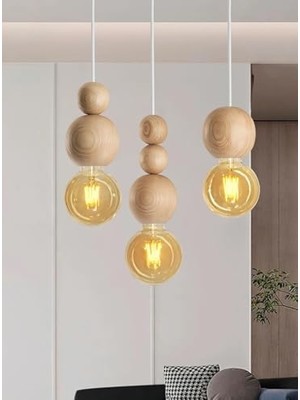 Ahşap Detaylı Modern Rustik Sarkıt Avize Şık ve Doğal Tasarım Salon Oturma Odası (Beyaz-Ahşap)