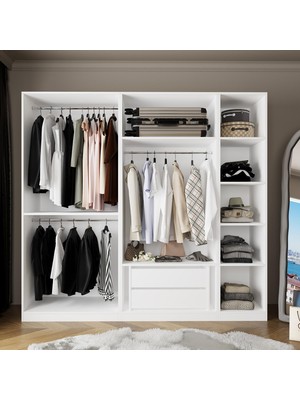 Bimossa KD5040 Goss 225 Cm, 3 Askılı, 2 Çekmeceli Dar Raflı Beyaz Giyinme Dolabı