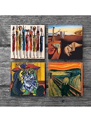 Salvador Dalí Belleğin Azmi, Picasso Ağlayan Kadın, Çığlık, Yerli Kadınlar Taş Bardak Altlığı Seti - 4 Parça - Dekoratif, Rustik Mutfak Aksesuarı, 10X10 Cm, Kaydırmaz Tabanlı SC323