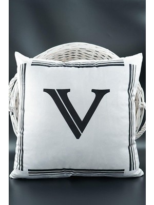 Harfli Kırlent Kılıfı Kadife 43X43 cm Çift Taraflı V Harfi Kedi Desenli Evlilik Teklifi Doğum Günü