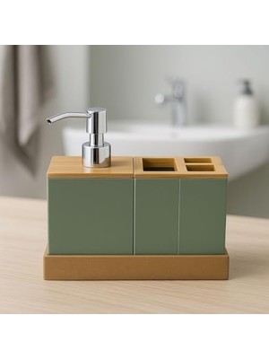 Bambu Kapaklı Yeşil Banyo Seti – Sıvı Sabunluk, Diş Fırçalık, Çok Gözlü Organizer ve Düzenleyici
