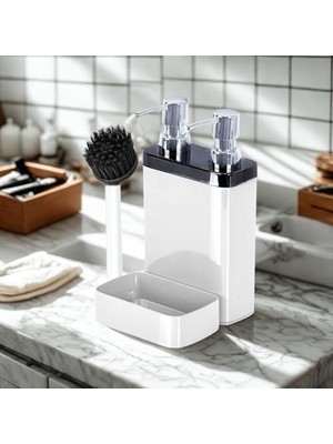 2’li Sıvı Sabun ve Bulaşık Deterjanı Dispenser Seti – Krom Kapaklı, Fırça ve Sünger Hazneli Şık Mutfak/banyo Organizer