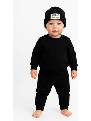 Noveram Bebek 3 Iplik Eşofman Takımı 9-12-18-24 Ay | Hello Baskılı Sweatshirt & Alt Takım & Bere