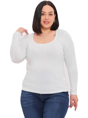 Disentis Modest Büyük Beden U Yaka Uzun Kollu Viskon Beyaz Body
