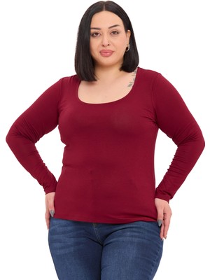 Disentis Modest Büyük Beden U Yaka Uzun Kollu Viskon Bordo Body