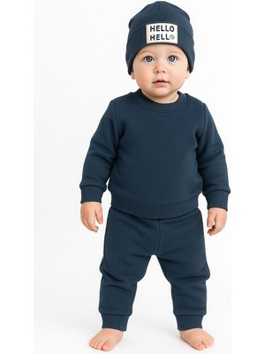 Noveram Bebek 3 Iplik Eşofman Takımı 9-12-18-24 Ay | Hello Baskılı Sweatshirt & Alt Takım & Bere